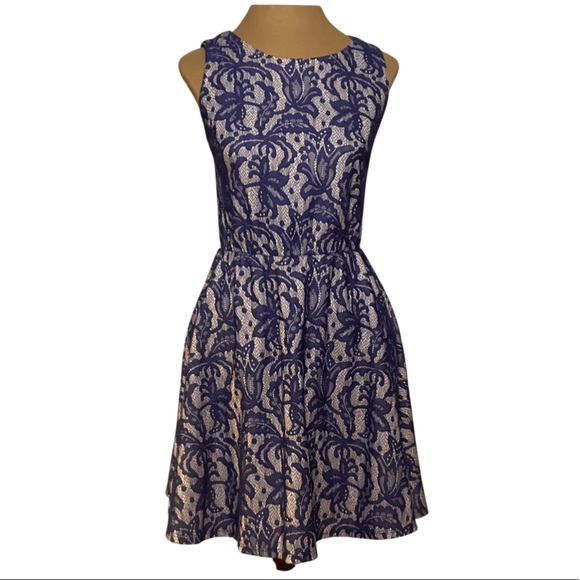 Three Hearts Blue Lace Detail Fit and Flare Dress - Picture 2 of 6